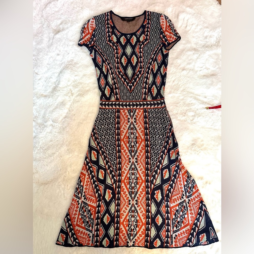 BCBG MAXAZRIA Intarsia Knit Printed Tribal Sweater Dress Size XS MSRP $268